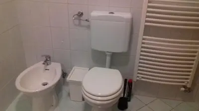 a bathroom with a white toilet and a sink at Apartment Green Valley in Idrsko