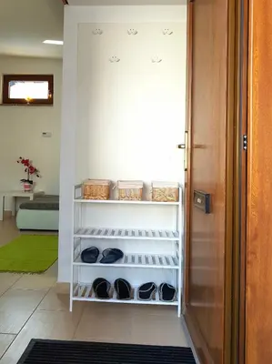 a room with a closet with white shelves and a door at Sky in Bled