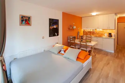 a bedroom with a large bed and a kitchen at Chic Cosy Quiet in Ljubljana Center in Ljubljana