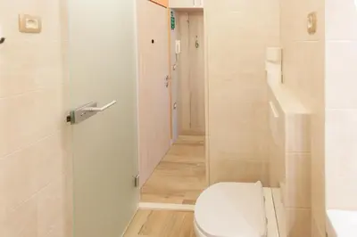 a bathroom with a toilet and a walk in shower at Chic Cosy Quiet in Ljubljana Center in Ljubljana