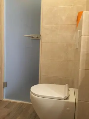 a bathroom with a white toilet in a room at Chic Cosy Quiet in Ljubljana Center in Ljubljana