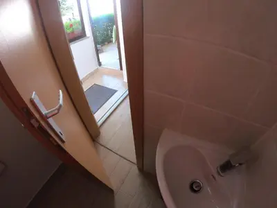 a bathroom with a shower and a toilet and a door at Fontana in Bovec