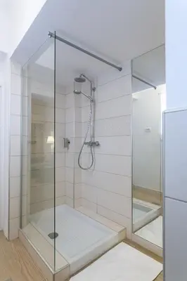 a shower with a glass door in a bathroom at Rohrmann apartments in Ljubljana