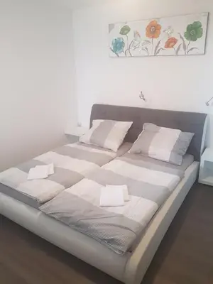 a bed with two pillows on it in a room at Apartment Velcom in Moravske Toplice