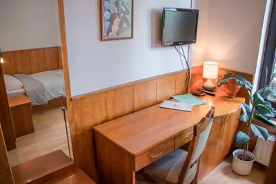 a room with a desk with a television and a bed at Guest House Park Žibert in Ljubljana