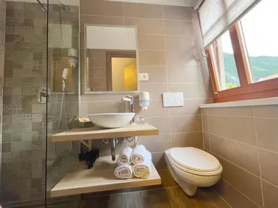 a bathroom with a sink and a toilet and a mirror at Gostisce Sovdat in Bovec