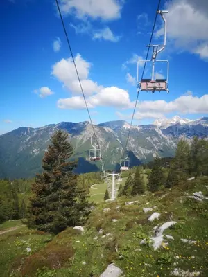 a gondola lift on a mountain with a tree at Chalet Gorenjka - Velika planina in Stahovica
