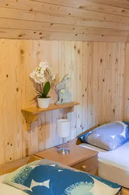 a bedroom with two beds and a wooden wall at Chalet Gorenjka - Velika planina in Stahovica