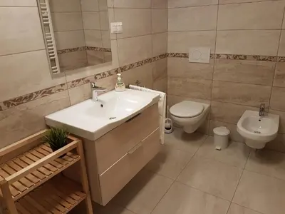 a bathroom with a sink and a toilet at Apartment Eden Bled in Bled