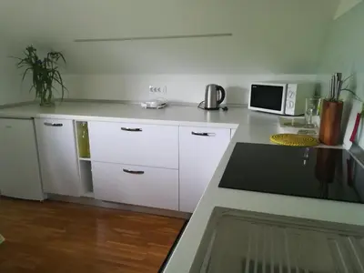 a kitchen with white cabinets and a microwave at Apartment Countryside Kolpa-Bela krajina in Metlika