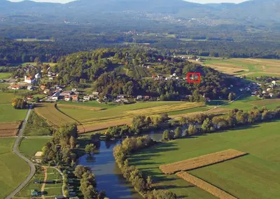 an aerial view of a village with a river at Apartment Countryside Kolpa-Bela krajina in Metlika