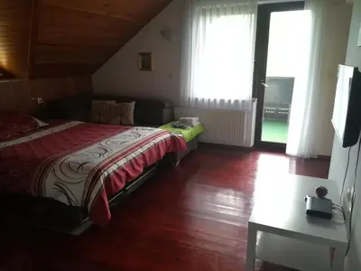 a bedroom with a bed and a large window at Apartment Countryside Kolpa-Bela krajina in Metlika