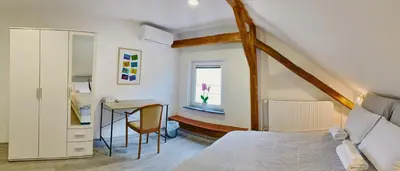 a bedroom with a bed and a desk and a table at Lina Rooms Hostel in Ljubljana
