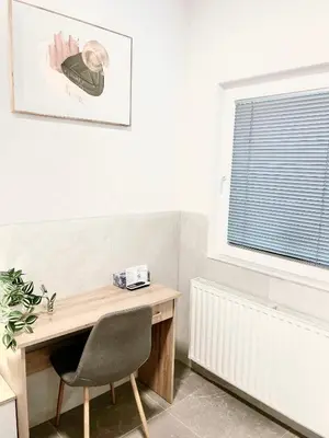 a desk and a chair in a room with a window at Lina Rooms Hostel in Ljubljana