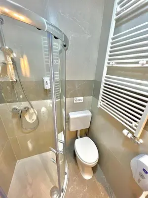 a bathroom with a toilet and a shower at Lina Rooms Hostel in Ljubljana