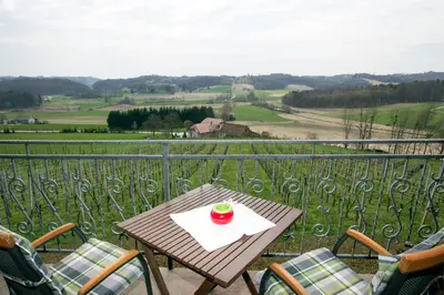 a table and chairs on a balcony with a view at Tourism Tompa in Ljutomer
