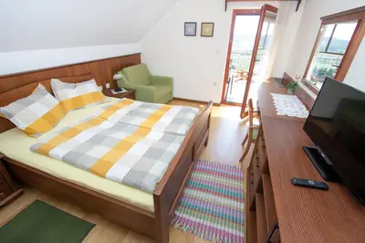 a bedroom with a bed and a flat screen tv at Tourism Tompa in Ljutomer