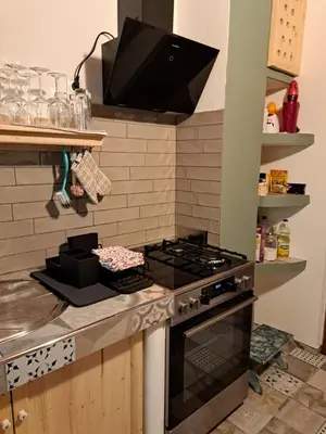 a kitchen with a stove top oven in a kitchen at House Franja in Kranjska Gora