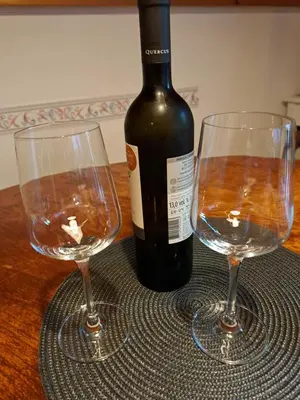 two wine glasses sitting on a table with a bottle of wine at House Franja in Kranjska Gora