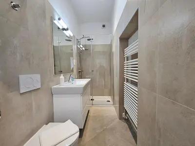 a bathroom with a white toilet and a sink at Charming apartment Laura Tour As Ljubljana by Town Hall in Ljubljana