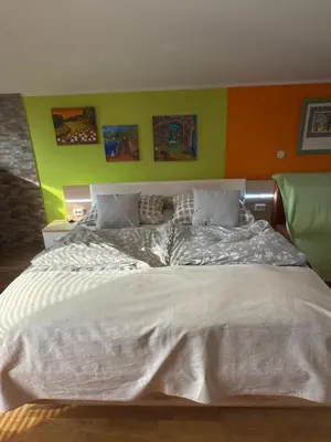 a large bed in a bedroom with colorful walls at Perfect Apartma - Apartments - Free parking! in Maribor