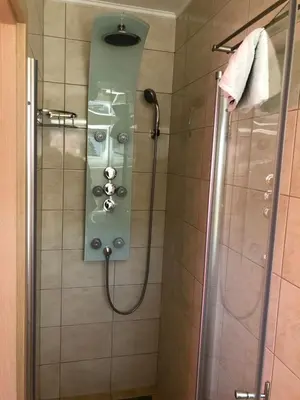 a bathroom with a shower with a shower head and a shower at Perfect Apartma - Apartments - Free parking! in Maribor
