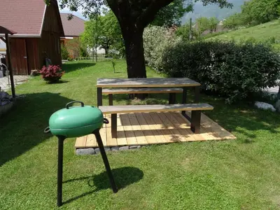 a picnic table and a grill next to a tree at Apartments Supermjau in Bovec