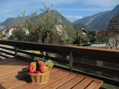 a basket of apples sitting on a wooden deck at Apartments Supermjau in Bovec