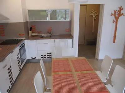 a kitchen with a table and chairs and a sink at Apartments Supermjau in Bovec