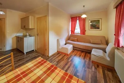 a living room with a couch and a table at Rute Hotel and Apartments in Kranjska Gora