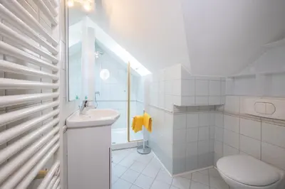 a white bathroom with a toilet and a sink at Apartma in Bungalov Jezerci in Gozd Martuljek