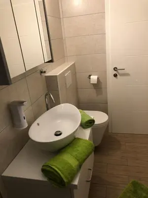 a bathroom with a white sink and green towels at Apartments Magdalena in Radovljica