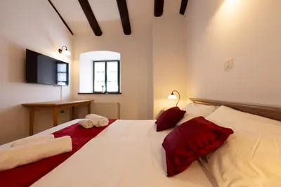 a bedroom with a large white bed with red pillows at Kraška hiša Škrla in Divača
