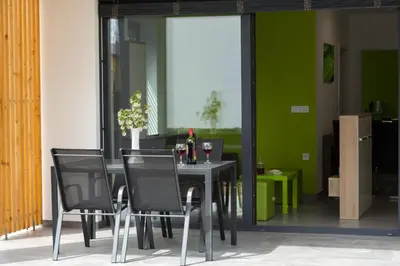 a dining room with a table and black chairs at Apartma Mariposa Banovci in Banovci