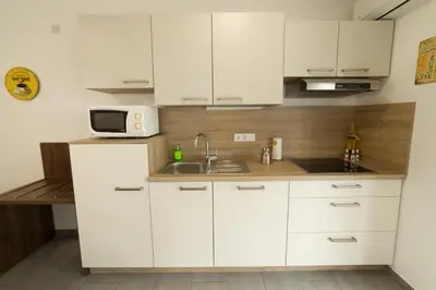a kitchen with white cabinets and a sink and a microwave at Apartma Mariposa Banovci in Banovci