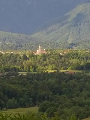 a view of a hill with a castle in the distance at Apartma Metka Leše Tržič in Leše
