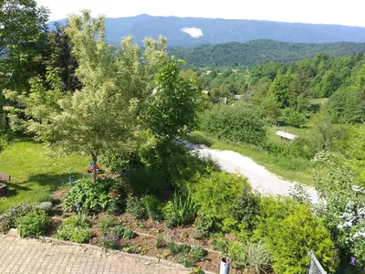 an aerial view of a garden with a tree at Apartma Metka Leše Tržič in Leše