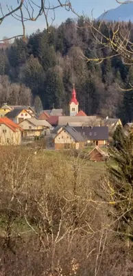 a group of buildings with a church in a field at Apartma Metka Leše Tržič in Leše