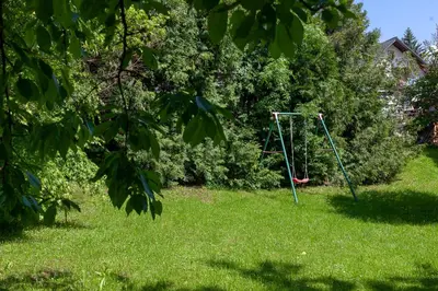 a swing set in the grass in a yard at Vacation Home Sofia in Zgornje Gorje