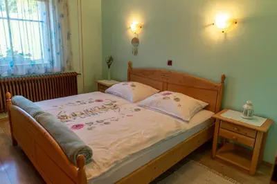 a bedroom with a large bed with two pillows at Apartma Gaby in Bled