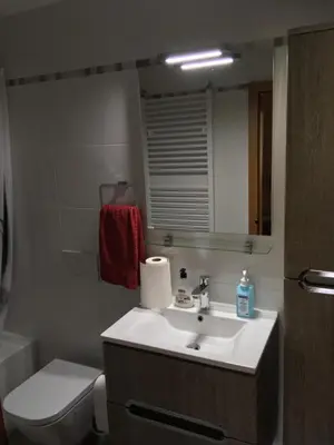 a bathroom with a sink and a toilet and a mirror at Apartma Gaby in Bled
