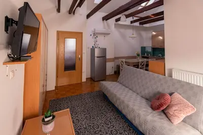 a living room with a couch and a kitchen at Apartment Stella in Dolenjske Toplice