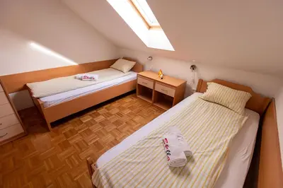 a small bedroom with two beds and a skylight at Apartment Stella in Dolenjske Toplice