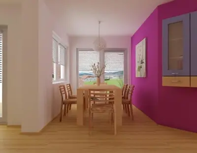 a dining room with a table and a purple wall at Apartments & Wellness Skok in Mozirje