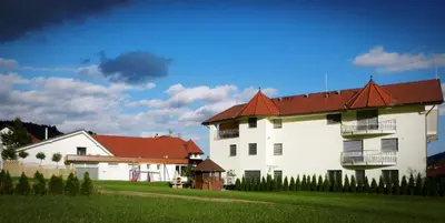 a large white building with a red roof at Apartments & Wellness Skok in Mozirje