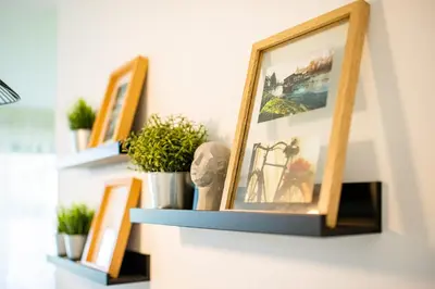 a shelf with pictures and plants on a wall at Apartmaji BANONIA 