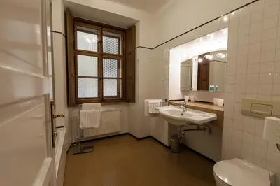 a bathroom with a sink and a toilet and a mirror at River and Castle View Apartment Rose Tour As Ljubljana in Ljubljana