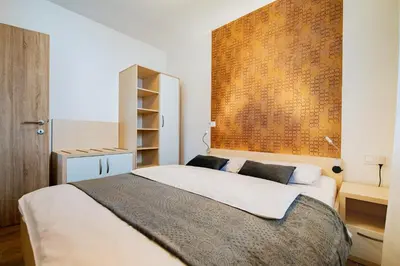 a bedroom with a bed and a wooden wall at Apartmaji BANONIA 