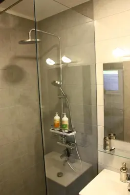 a shower with a glass door next to a sink at APARTMENTS 1A RIBNO - BLED in Bled
