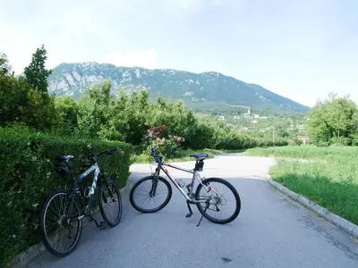 two bikes parked next to each other on a path at Borea Rooms - Sobe Budanje in Vipava